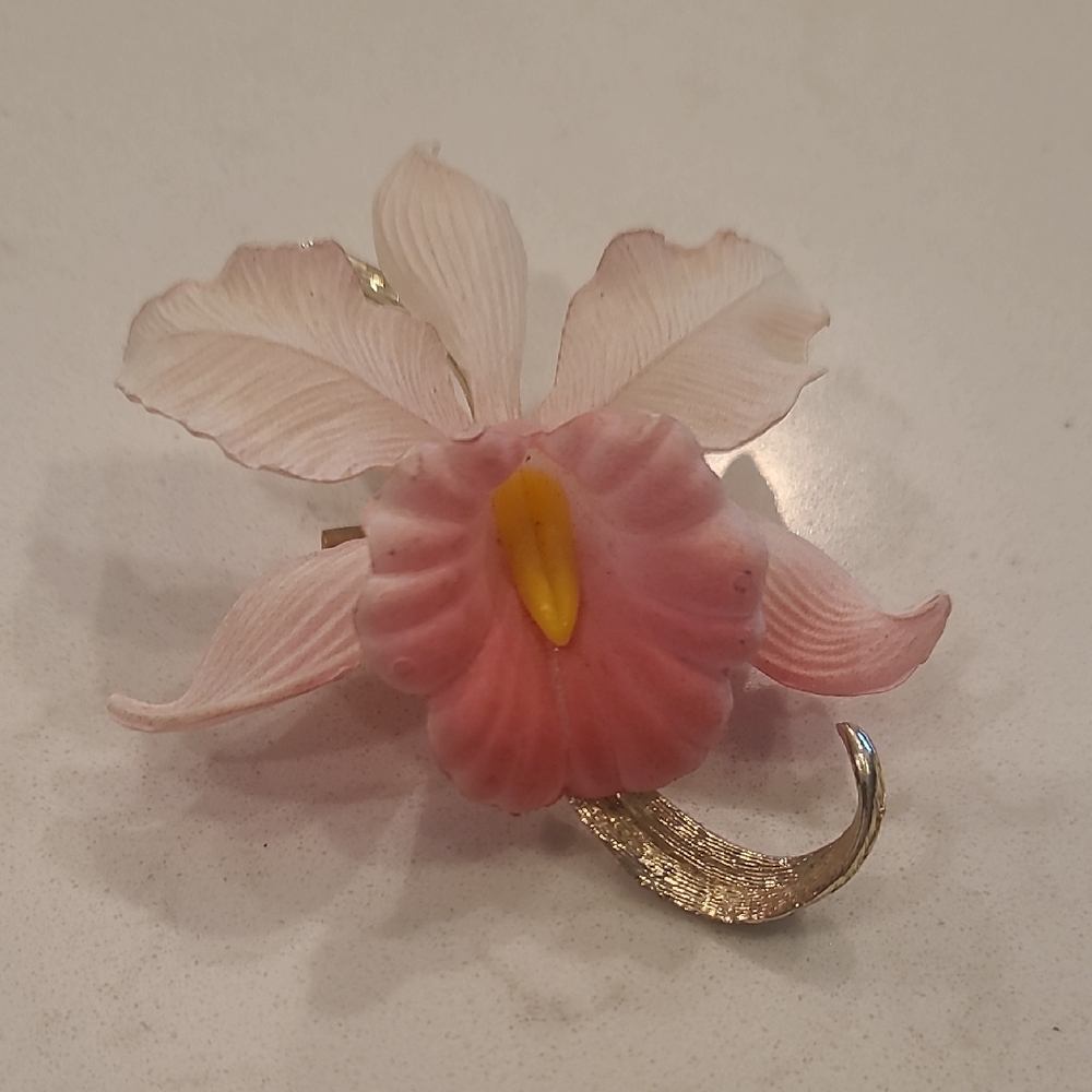 Vintage Pink Orchid Celluloid Floral Brooch/ Pin